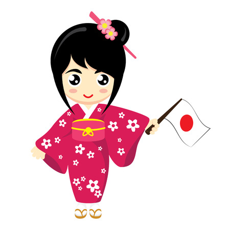 Little Girl Wearing Traditional Dress and Holding Japan flag. Vector illustration.のイラスト素材