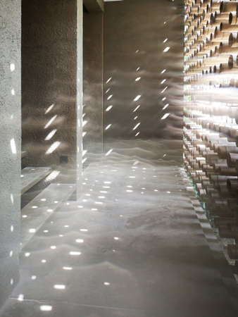 Exteriors : Burred shade and shadow on the concrete wall from many bamboo tube decorated on the building of hotel. Lens flareの写真素材