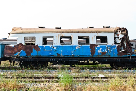 A wreckage of crashed or damaged train taken from train yard taken on sunny day, can be use for...