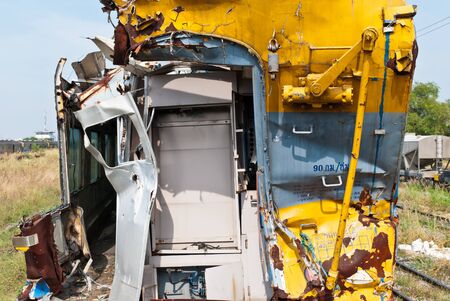 A wreckage of crashed or damaged train taken from train yard taken on sunny day, can be use for safety related communications
の写真素材