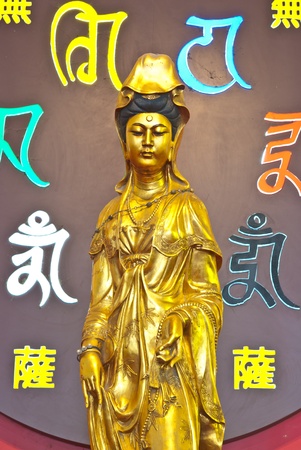 Golden Chinese goddess on dark ackgroundの写真素材