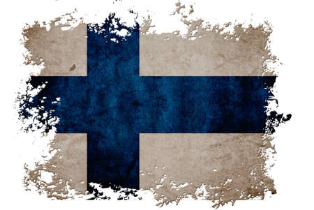 Finland flag on old vintage paper in isolated white background, can be use for background design and vintage related concept.の写真素材