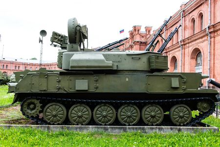 Vintage Russian military vehicle on green grass taken on a sunny day can be use for various background and military usage.のeditorial素材
