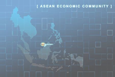 Modern map of South East Asia countries that will be member of AEC with Brunei flag symbol in backgroundの写真素材