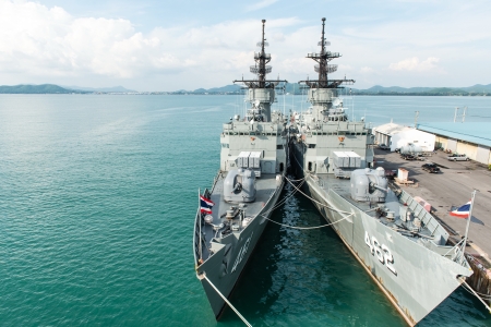 Large battle ship in Naval base, taken on a sunny dayのeditorial素材