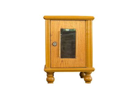 Wooden brown donation box with a lock, taken at front view, isolatedの写真素材