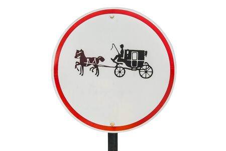 Be careful of horse circular metal sign, isolated in white backgroundの写真素材