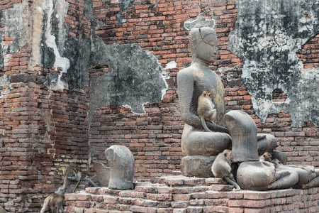 Thailand ancient old temple made from red brick and lime stones, taken on a sunny dayの写真素材