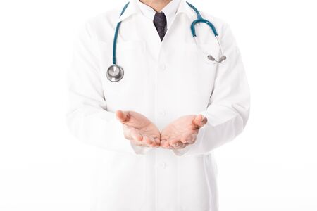 Asian male medical doctor on white background, useful for medical, hospital, medication, surgent, medical advise, doctor, health care conceptsの写真素材