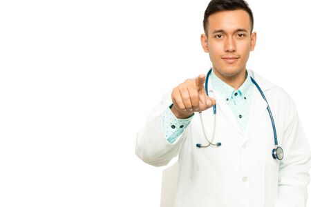 Asian male medical doctor on white background, useful for medical, hospital, medication, surgent, medical advise, doctor, health care conceptsの写真素材