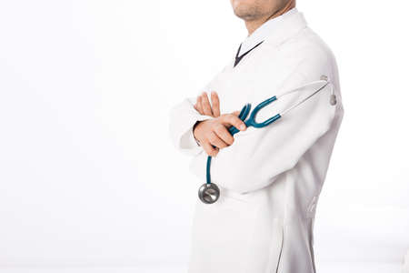 Asian male medical doctor on white background, useful for medical, hospital, medication, surgent, medical advise, doctor, health care conceptsの写真素材