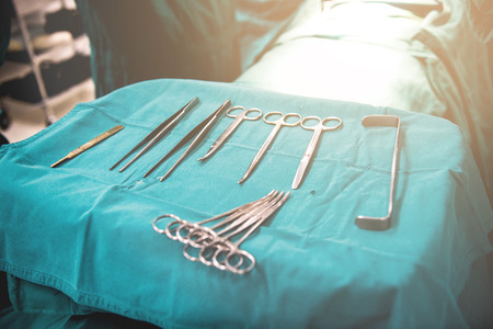 Surgery tools. Multiple surgery tools on a plate in operating room. Advance medical concept.の写真素材