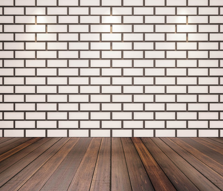 hardwood floor and white brick wallの写真素材