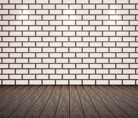 hardwood floor and white brick wallの写真素材