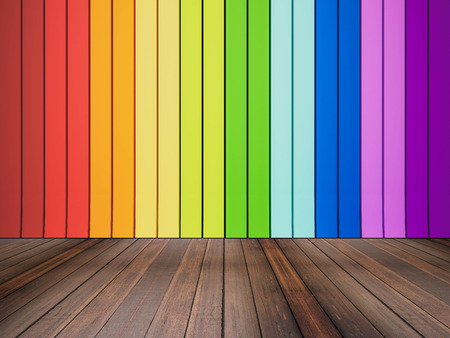hardwood floor and colorful wall panelの写真素材
