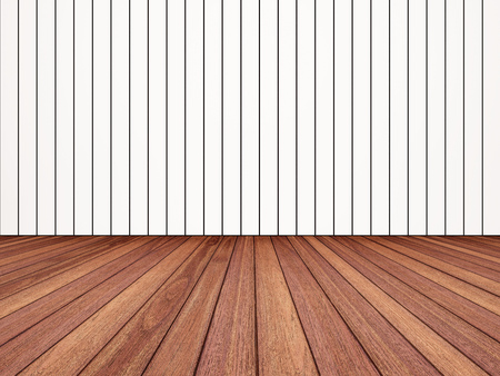 Wooden floor with white panels wallの写真素材