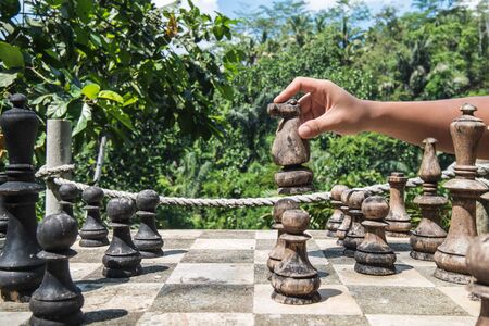 A man playing wooden chess game in the forestsの写真素材