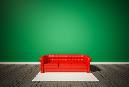 Green wall and dark wood floor, with red sofa and white carpet, 3d renderdの写真素材