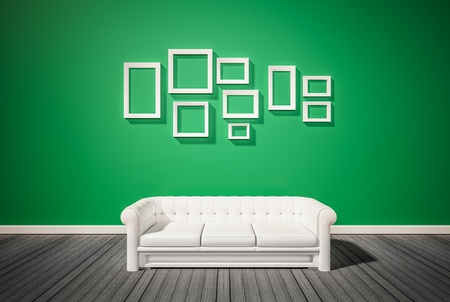 Green wall and dark wood floor, with white sofa and photo frames on wall, 3d renderdの写真素材