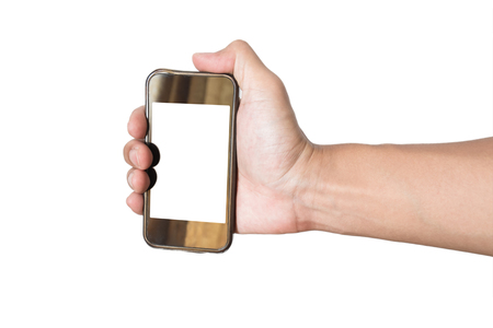 Hand grasp old smartphone,isolated on white backgroundの写真素材