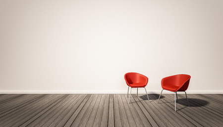 Hardwood floor and white wall, with red chairs, 3d renderedの写真素材