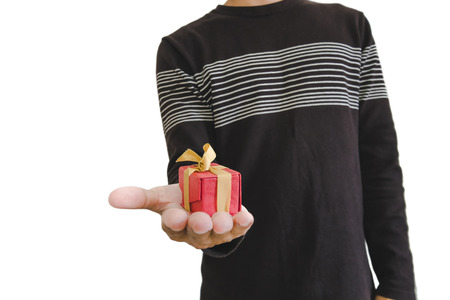 Little gift box on hands, shallow depth of field, selective focus on gift box, isolated on white backgroundの写真素材