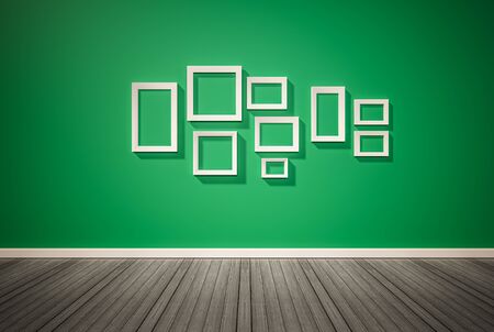 Wall photo frames decoration on Green wall, with dark wood floor, 3d renderedの写真素材