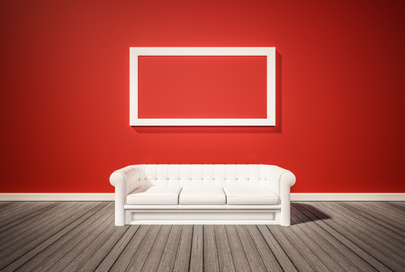 Red wall and dark wood floor, with white sofa, interior 3d renderdの写真素材