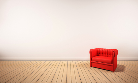 Oak wood floor and white wall, with red armchair, 3d renderedの写真素材