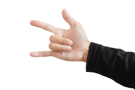 Hand showing "I love you" symbol, isolated on white backgroundの写真素材