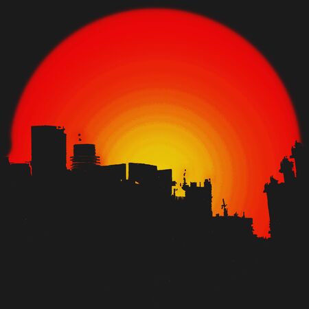 Silhouette old deserted town, with sunset red backgroundの写真素材