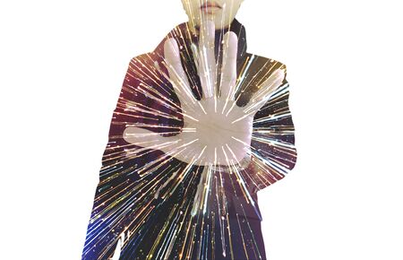 Double exposure, businessman showing palm, with speed light motion, isolated on white backgroundの写真素材