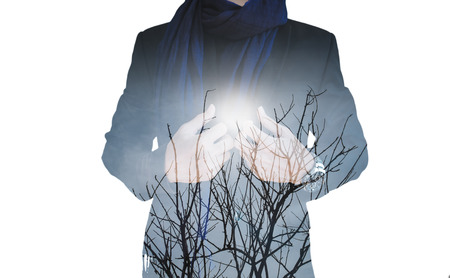 Double exposure, businessman with dry branches against sun, isolated on white backgroundの写真素材