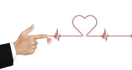 Hand opened finger and shot laser as a heart rate, isolated on white background, abstract conceptの写真素材