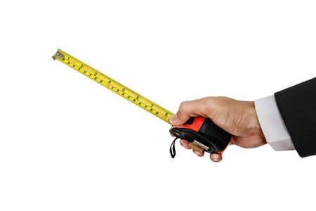 Businessman's hand holding measurement tape, isolated on white backgroundの写真素材