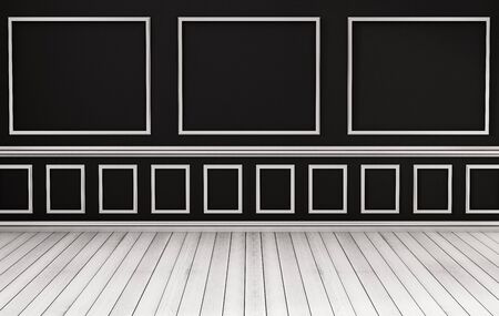 Classic interior, white wood floor and black wall, 3d renderedの写真素材
