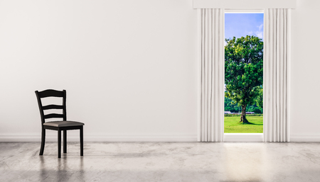 A chair on concrete polished floor with window and a tree natural view on white wall, 3d renderedの写真素材