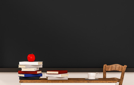 Classroom, books, apple, coffee cup, table, chair and blackboard, with copy space, 3d renderedの写真素材