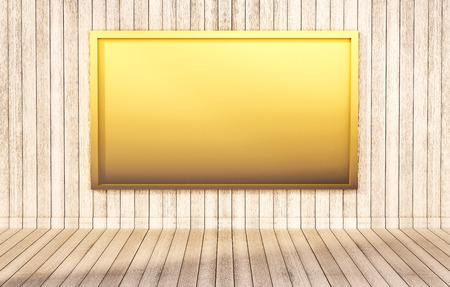 Golden blackboard on wooden wall and floor, 3d renderedの写真素材