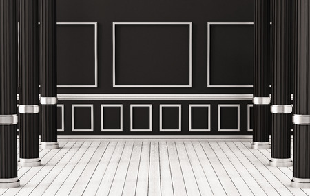 Classic interior, white wood floor and black wall with roman pillars, 3d renderedの写真素材