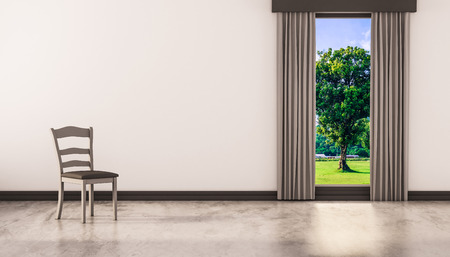 A chair on concrete polished floor with window and a tree natural view on white wall, 3d renderedの写真素材