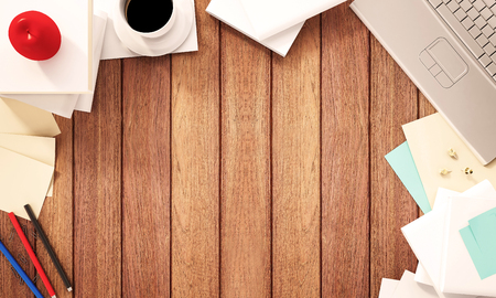 Working space, wooden desk with supplies and copy space, 3d renderedの写真素材