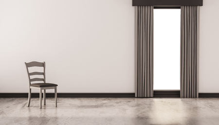 A chair on concrete polished floor with white wall and isolated window, 3d renderedの写真素材