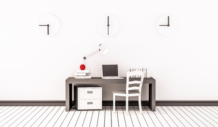 Working space, working table, chair, clocks and etc., 3d renderedの写真素材