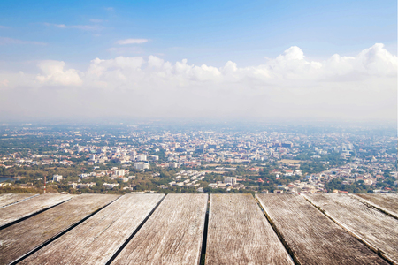 Wooden terrace with aerial view cityscape of Chiang Mai, Thailand, vintage toneの写真素材