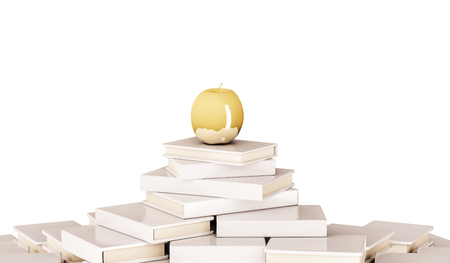 Golden apple on pile of book, isolated on white background, 3d renderedの写真素材
