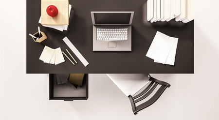 Top view working space, table, laptop, books, stationery, paperwork, chair, drawer and etc., 3d renderedの写真素材