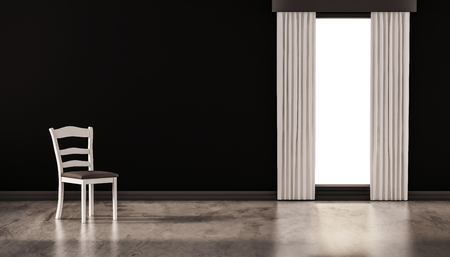 A chair on concrete polished floor with black wall and isolated window, 3d renderedの写真素材