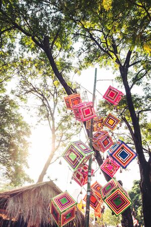 Tradition colorful Lanna outdoor decoration lantern northern Thailand style with sunlight effectの写真素材