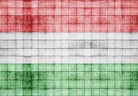 Hungary flag painted on old square blocks wood textureの写真素材